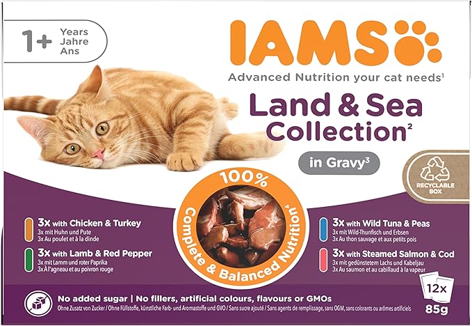 IAMS Adult Wet Cat Food Land & Sea in Gravy 12 x 85g