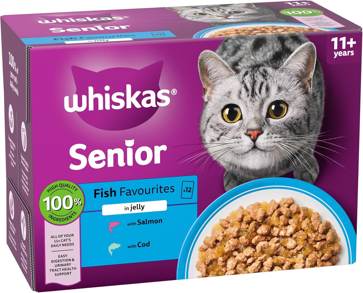 WHISKAS Senior 11+ Wet Cat Food in Jelly 12x85g Fish Favourites (Pack of 4)