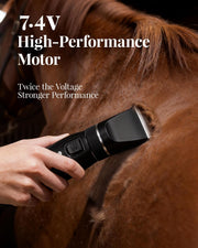 Cordless Horse Clippers for Thick & Matted Coats, 7.4V Powerful Low-Noise Grooming Clippers with Titanium-Ceramic Blade & Long-Lasting Battery Kit