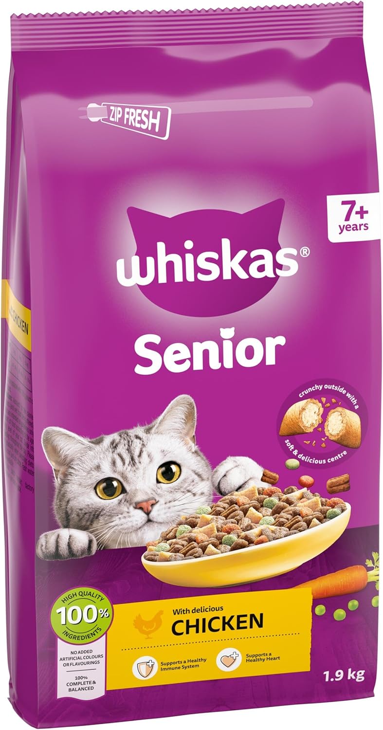 WHISKAS Senior Dry Cat Food 1.9kg with Chicken (Pack of 4)