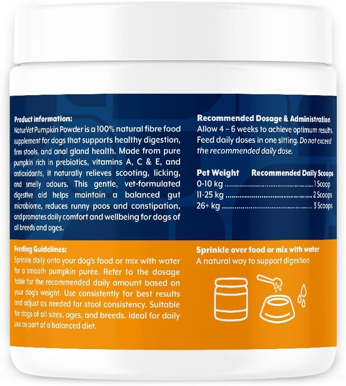 NaturVet Pure Pumpkin Powder for Dogs – 225g 100% Natural, Rich in Prebiotics High-Fibre Digestive Support for Firm Stools & Gut Health – Additive-Free