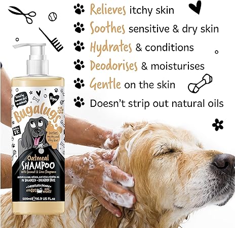 BUGALUGS Itchy Dog Shampoo with Oatmeal & Aloe Vera Dog professional Vegan dog grooming products for smelly dogs with fragrance can use as puppy shampoo (500ml)