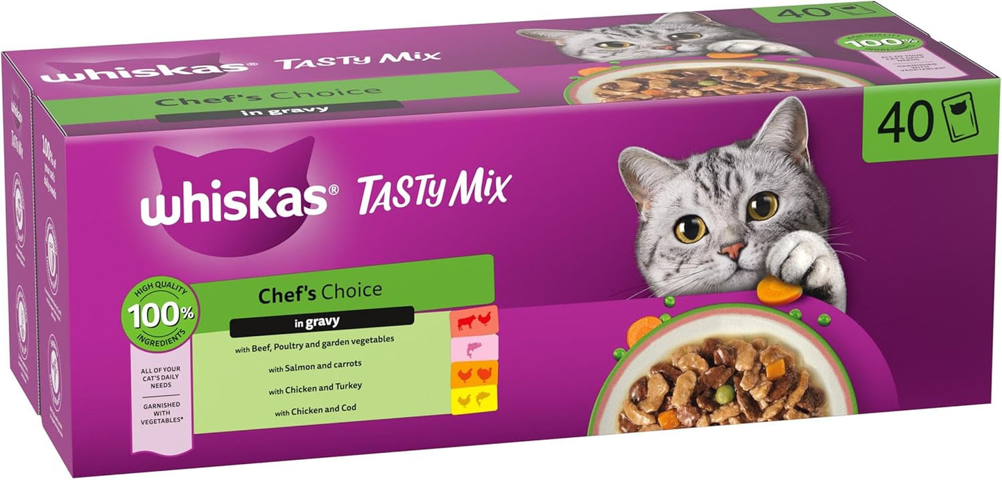 whiskas Tasty Mix 1+Chef´s Choice in Gravy 40x85g Pouches, Adult Cat Food