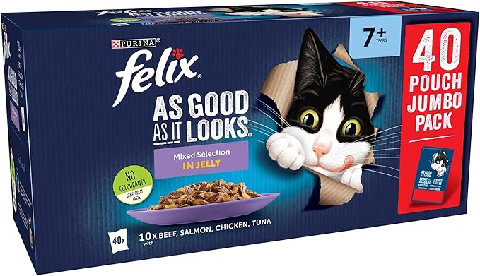 FELIX As Good As it Looks Senior 7+ Wet Cat Food Mixed Selection in Jelly Beef, Salmon, Chicken, Tuna 40 x 85g Pouches