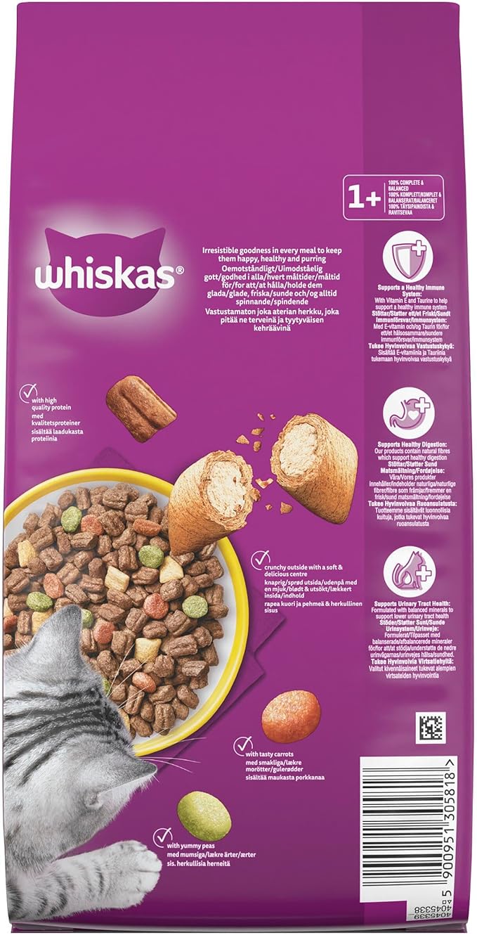 Whiskas 1+ Chicken Pack of 4 x 1.9 kg Bags, Adult Cat Dry Food