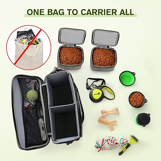 pecute Dog Travel Bag Large, Portable for Travel, Pet with Multi-Function Pockets, Tote Organizer Outdoor use Set 2 Food Bags + Collapsible Bowls, Grey