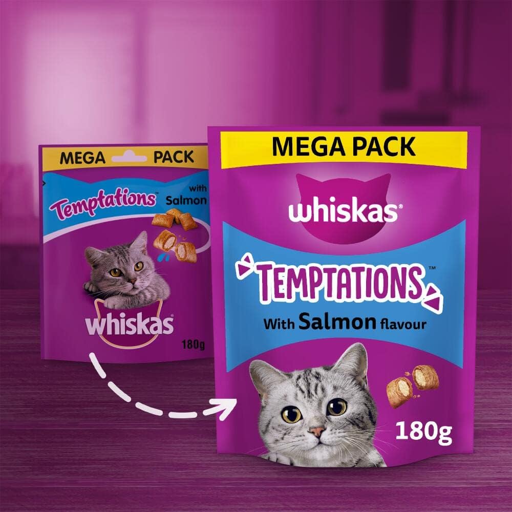 WHISKAS Temptations - Tasty, Crunchy Treats for Adult Cats, Small Bite Size Snacks with a Delicious Salmon Flavour Filling, 4x180 g Packets - Pack May Vary