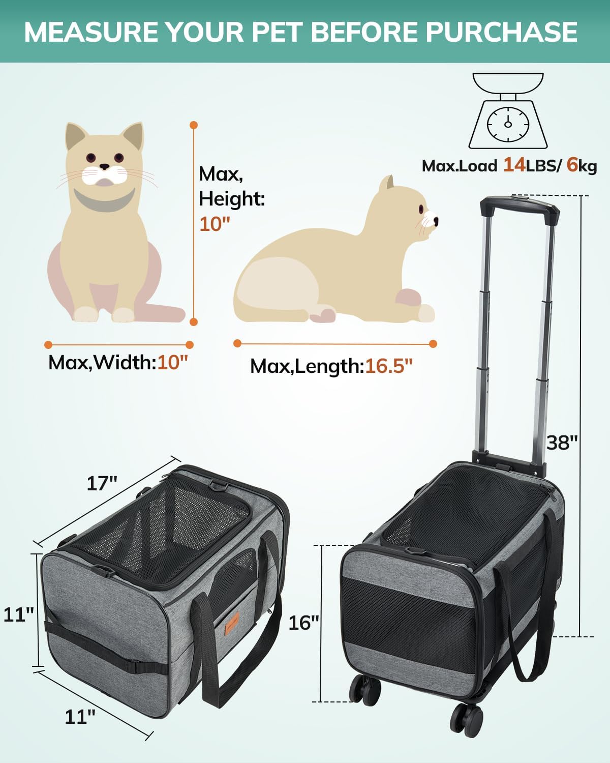 Morpilot Cat Carrier with Wheels Airline Approved, Pet Dog Carrier with Wheels for Small Dogs, Rolling Cat Carrier for Large Cats Puppy Stroller Detachable and Foldable Pet Travel Bag Dark Gray