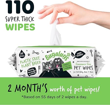 BUGALUGS Dog Wipes, 100% Plastic Free Biodegradable pet wipes for full body, eye wipes, ear wipes, bum & paws. 110 sensitive dog grooming wipes for dogs, puppy & cat grooming (Fragrance Free)