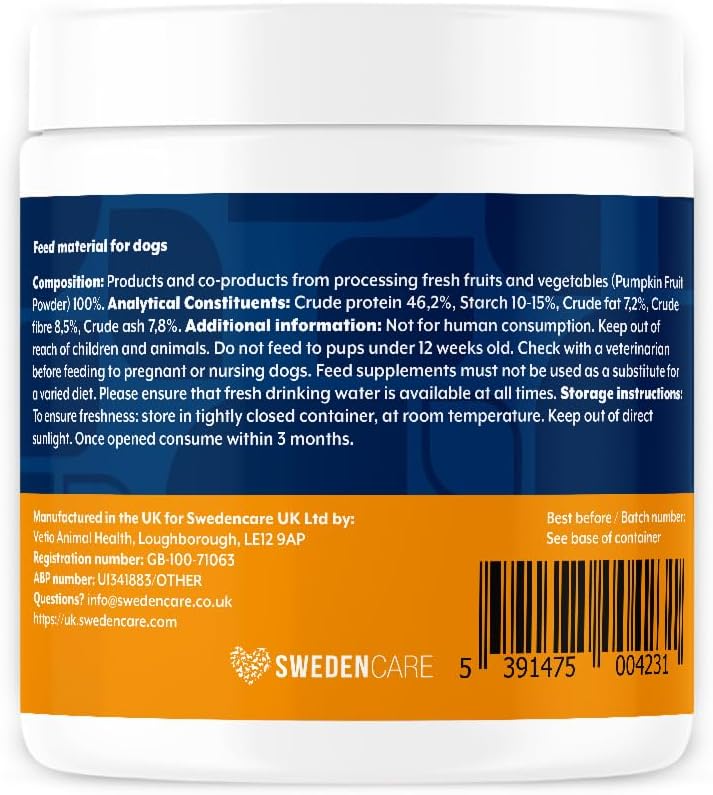 NaturVet Pure Pumpkin Powder for Dogs – 225g 100% Natural, Rich in Prebiotics High-Fibre Digestive Support for Firm Stools & Gut Health – Additive-Free