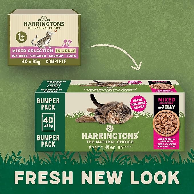 Harringtons Complete Wet Pouch Grain Free Hypoallergenic Adult Cat Food Mixed in Jelly Pack 40x85g - Beef, Chicken, Salmon & Tuna- Making Mealtimes Meatier
