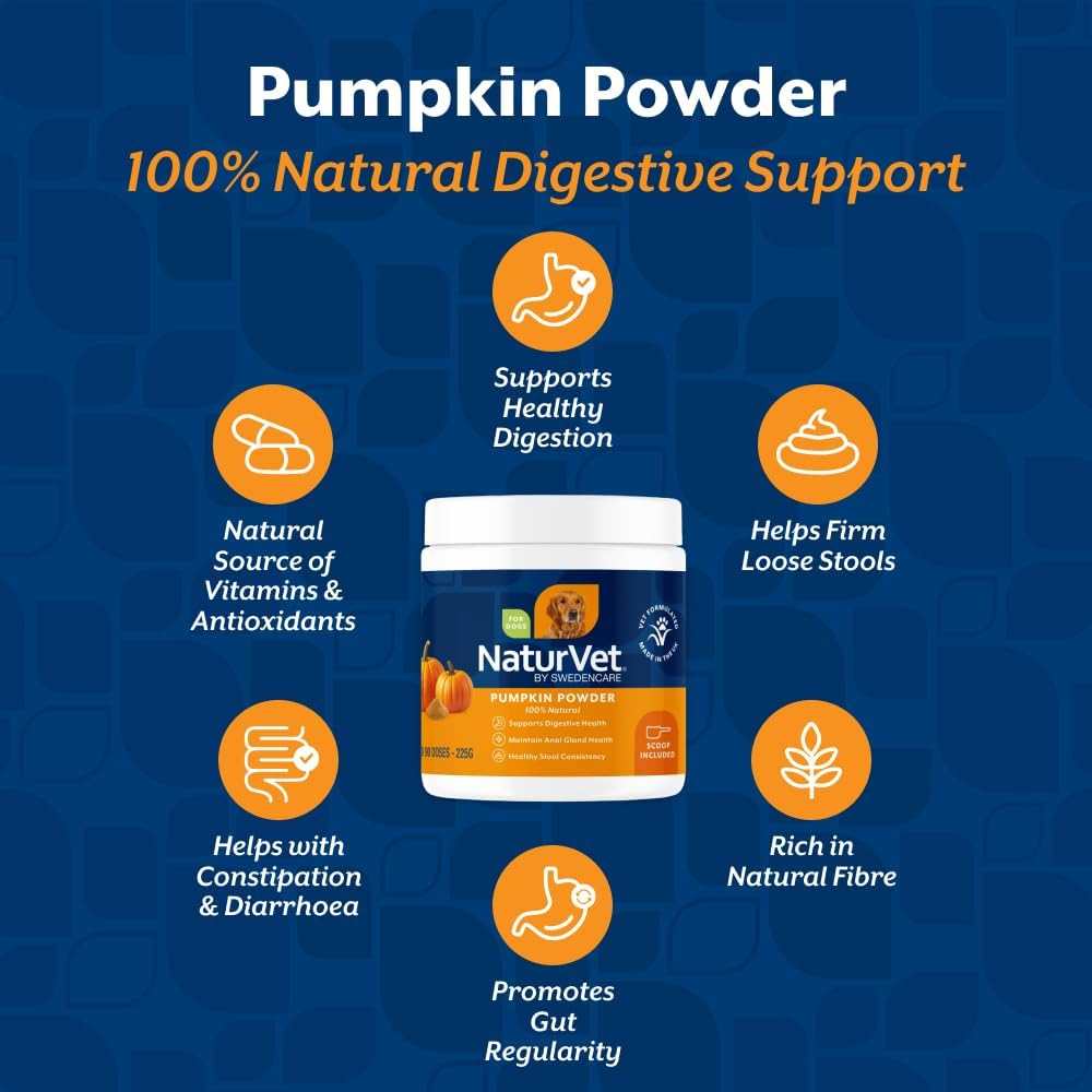 NaturVet Pure Pumpkin Powder for Dogs – 225g 100% Natural, Rich in Prebiotics High-Fibre Digestive Support for Firm Stools & Gut Health – Additive-Free