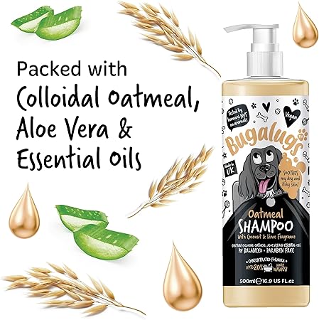 BUGALUGS Itchy Dog Shampoo with Oatmeal & Aloe Vera Dog professional Vegan dog grooming products for smelly dogs with fragrance can use as puppy shampoo (500ml)