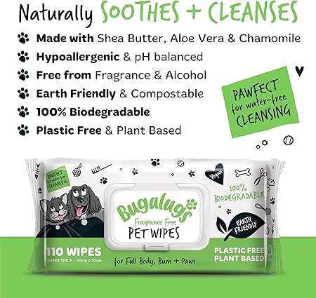 BUGALUGS Dog Wipes, 100% Plastic Free Biodegradable pet wipes for full body, eye wipes, ear wipes, bum & paws. 110 sensitive dog grooming wipes for dogs, puppy & cat grooming (Fragrance Free)