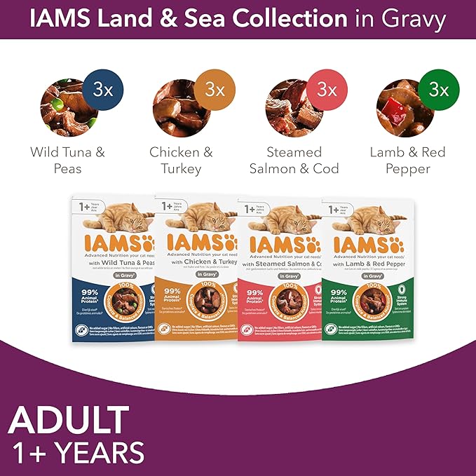 IAMS Adult Wet Cat Food Land & Sea in Gravy 12 x 85g