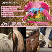 Children's Horse Grooming Kit with Bag - Pony Gift Set Includes Curry Comb, Hoof Pick, Brushes and Comb - Available in Blue or Pink - Ideal Kids Grooming Kit Horse Present Gift - Pink