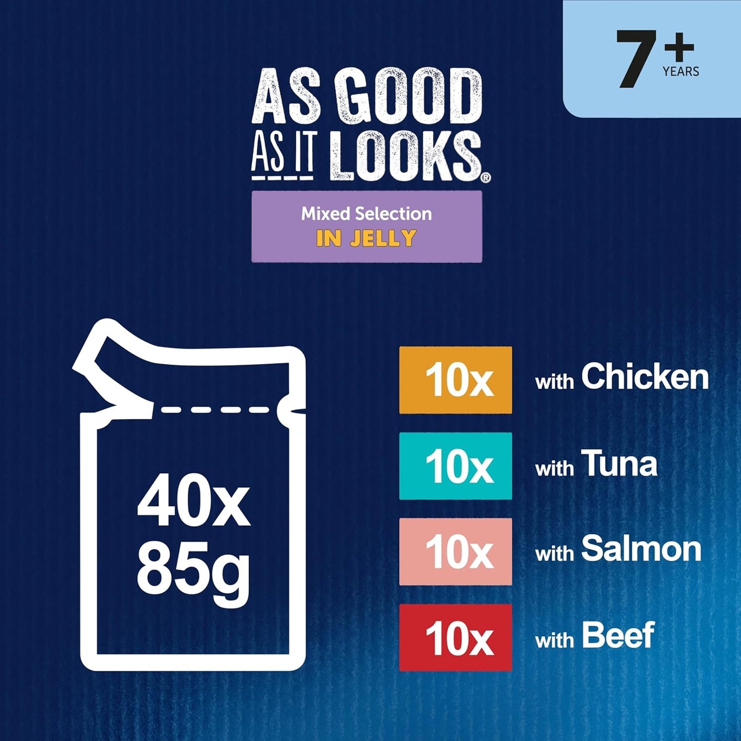 FELIX As Good As it Looks Senior 7+ Wet Cat Food Mixed Selection in Jelly Beef, Salmon, Chicken, Tuna 40 x 85g Pouches