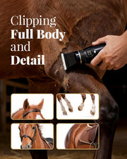 Cordless Horse Clippers for Thick & Matted Coats, 7.4V Powerful Low-Noise Grooming Clippers with Titanium-Ceramic Blade & Long-Lasting Battery Kit