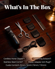 Cordless Horse Clippers for Thick & Matted Coats, 7.4V Powerful Low-Noise Grooming Clippers with Titanium-Ceramic Blade & Long-Lasting Battery Kit