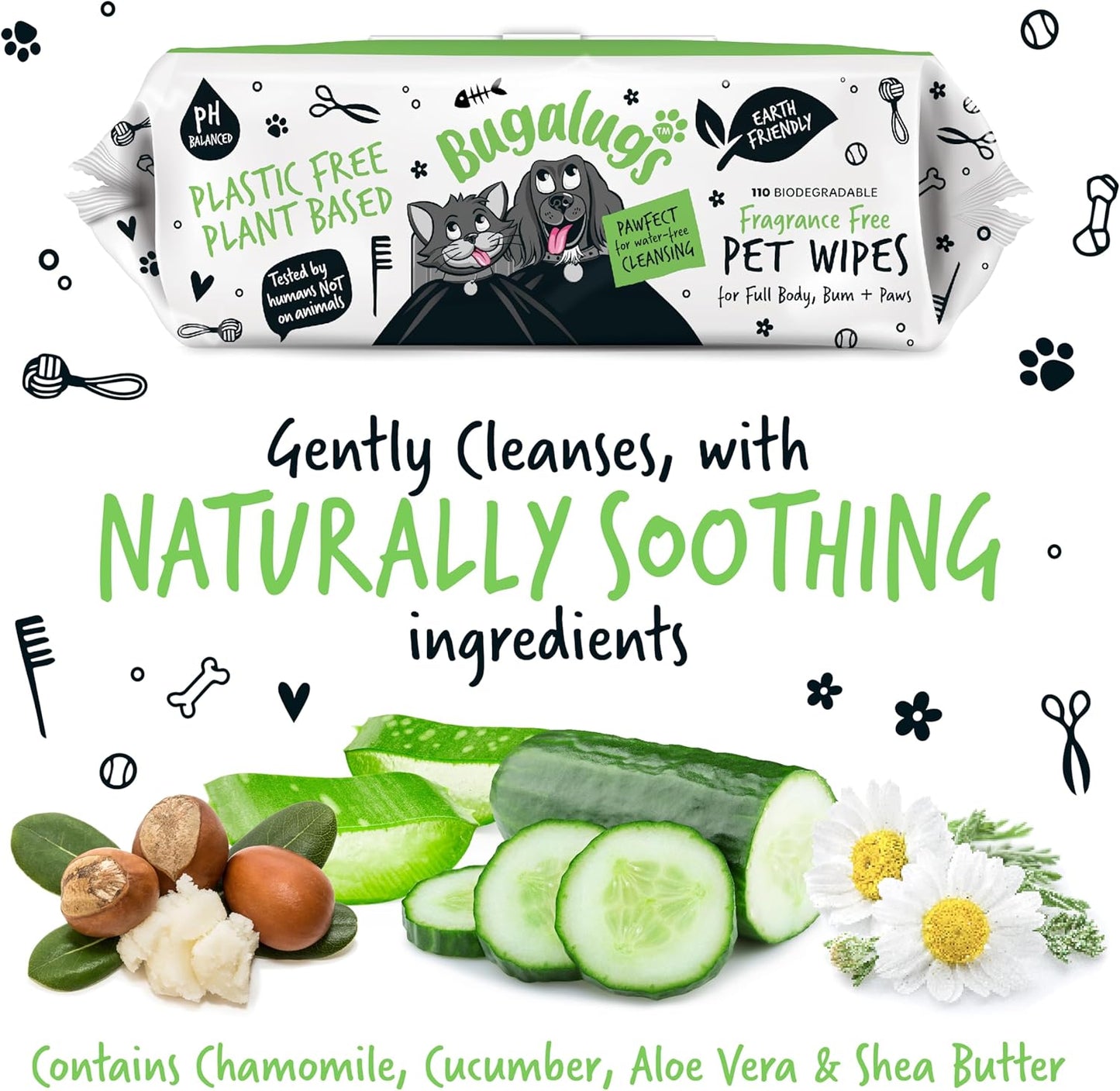 BUGALUGS Dog Wipes, 100% Plastic Free Biodegradable pet wipes for full body, eye wipes, ear wipes, bum & paws. 110 sensitive dog grooming wipes for dogs, puppy & cat grooming (Fragrance Free)