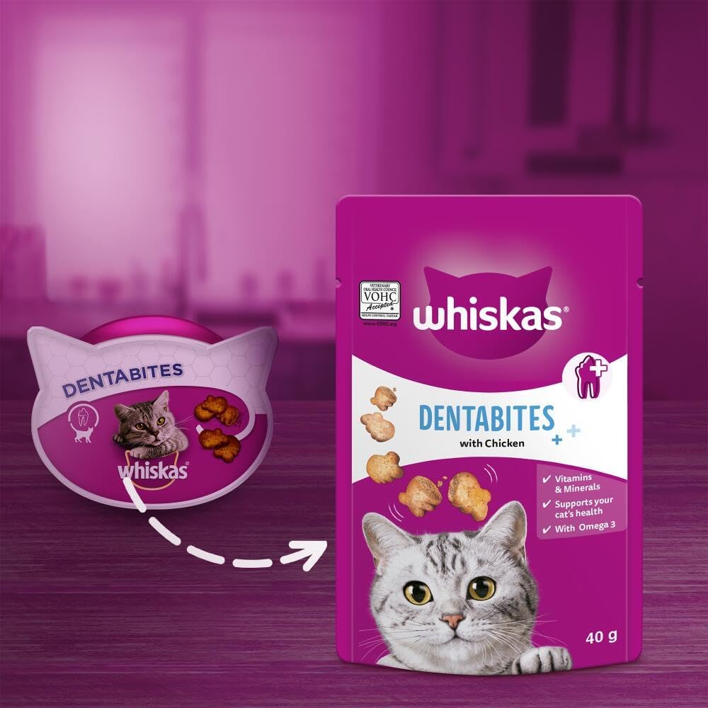 Whiskas Dentabites Cat Treats with Tasty Chicken - Oral Health Support for Cats 40 g (Pack of 6)