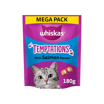 WHISKAS Temptations - Tasty, Crunchy Treats for Adult Cats, Small Bite Size Snacks with a Delicious Salmon Flavour Filling, 4x180 g Packets - Pack May Vary