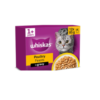 WHISKAS Adult Wet Cat Food in Gravy 12x85g Poultry Feasts (Pack of 4)