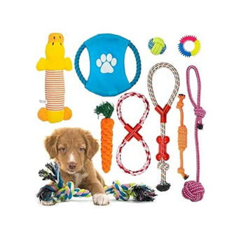 :Fur & Bone Dog Chew Toys (10-Pack) - Puppy Toys for Boredom - Indestructible Rope & Squeaky Teething Toys for Small & Medium Dogs