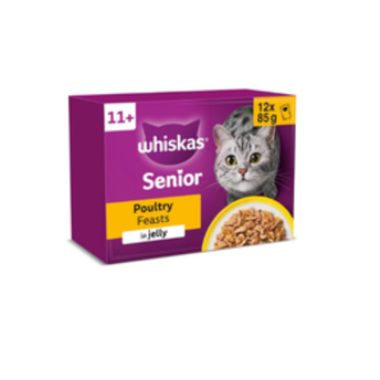 WHISKAS Senior 11+ Poultry Feasts Wet Cat Food Pouches in Jelly 12 x 85g (Pack of 4)