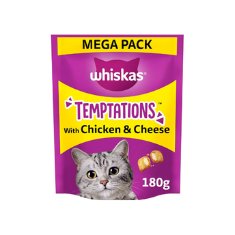 WHISKAS Temptations - Tasty, Crunchy Treats for Adult Cats, Small Bite Size Snacks with a Delicious Chicken and Cheese Filling, 4 x 180 g Packets - Pack May Vary