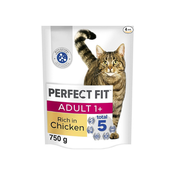 Perfect Fit Adult 1+ Complete Dry Cat Food for Adult Cats Aged 1+ Years, Rich in Chicken, 4 Bags (750 g)