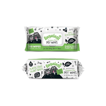 BUGALUGS Dog Wipes, 100% Plastic Free Biodegradable pet wipes for full body, eye wipes, ear wipes, bum & paws. 110 sensitive dog grooming wipes for dogs, puppy & cat grooming (Fragrance Free)