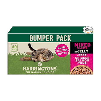 Harringtons Complete Wet Pouch Grain Free Hypoallergenic Adult Cat Food Mixed in Jelly Pack 40x85g - Beef, Chicken, Salmon & Tuna- Making Mealtimes Meatier