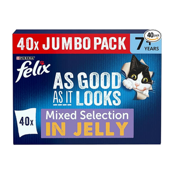 FELIX As Good As it Looks Senior 7+ Wet Cat Food Mixed Selection in Jelly Beef, Salmon, Chicken, Tuna 40 x 85g Pouches