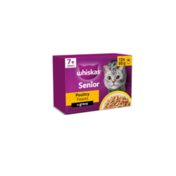 WHISKAS Senior 7+ Wet Cat Food in Gravy 12x85g Poultry Feasts (Pack of 4)