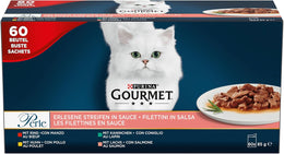 Gourmet Purina Perle fine strip with chicken, beef, salmon and rabbit, wet food for cats (60 pcs x 85 g packets).